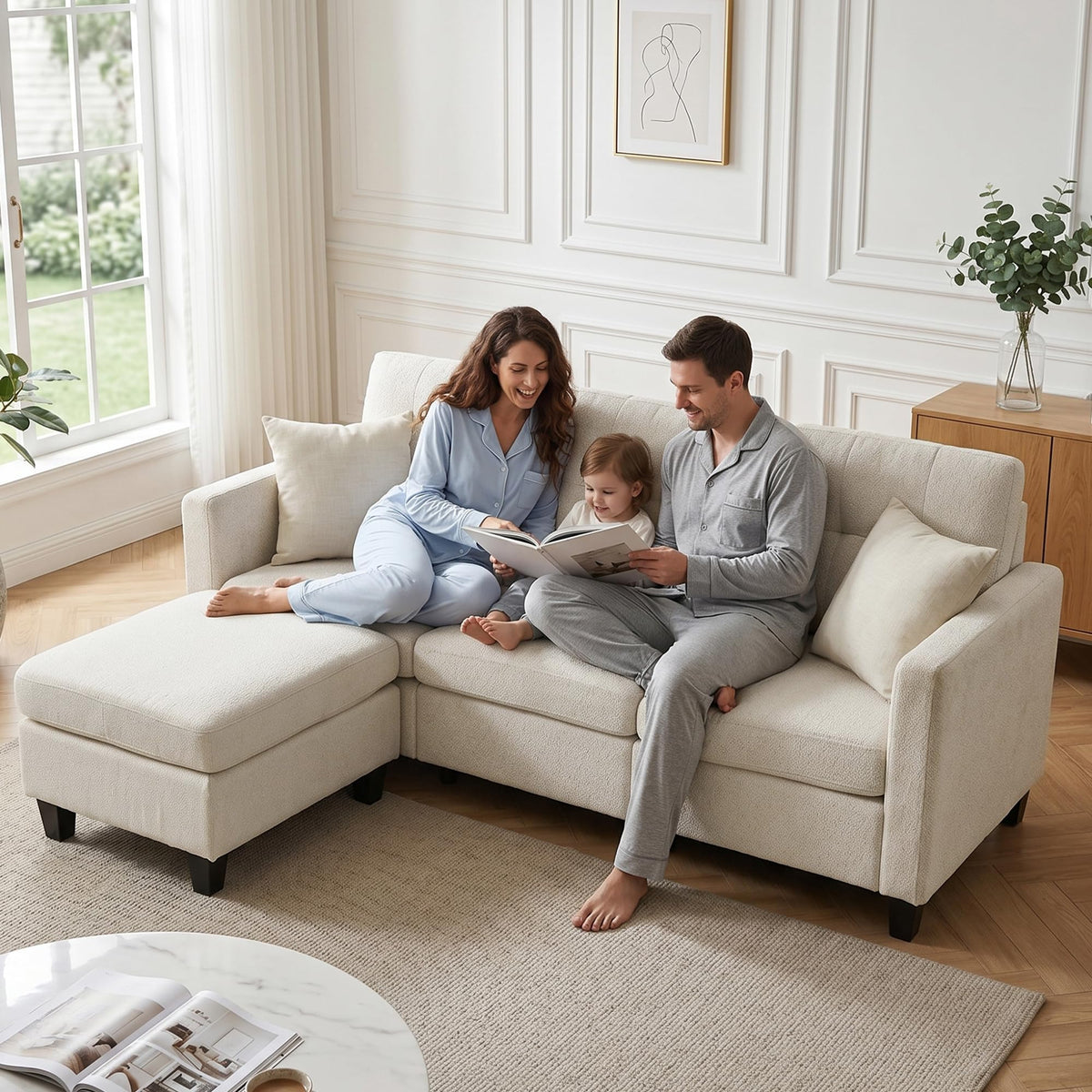 Sofá de 3 plazas con taburete, sofá flexible en forma de L como sofá esquinero, funda de tela suave con acolchado de espuma de alta densidad, sofá de salón para sala de estar, dormitorio, oficina y