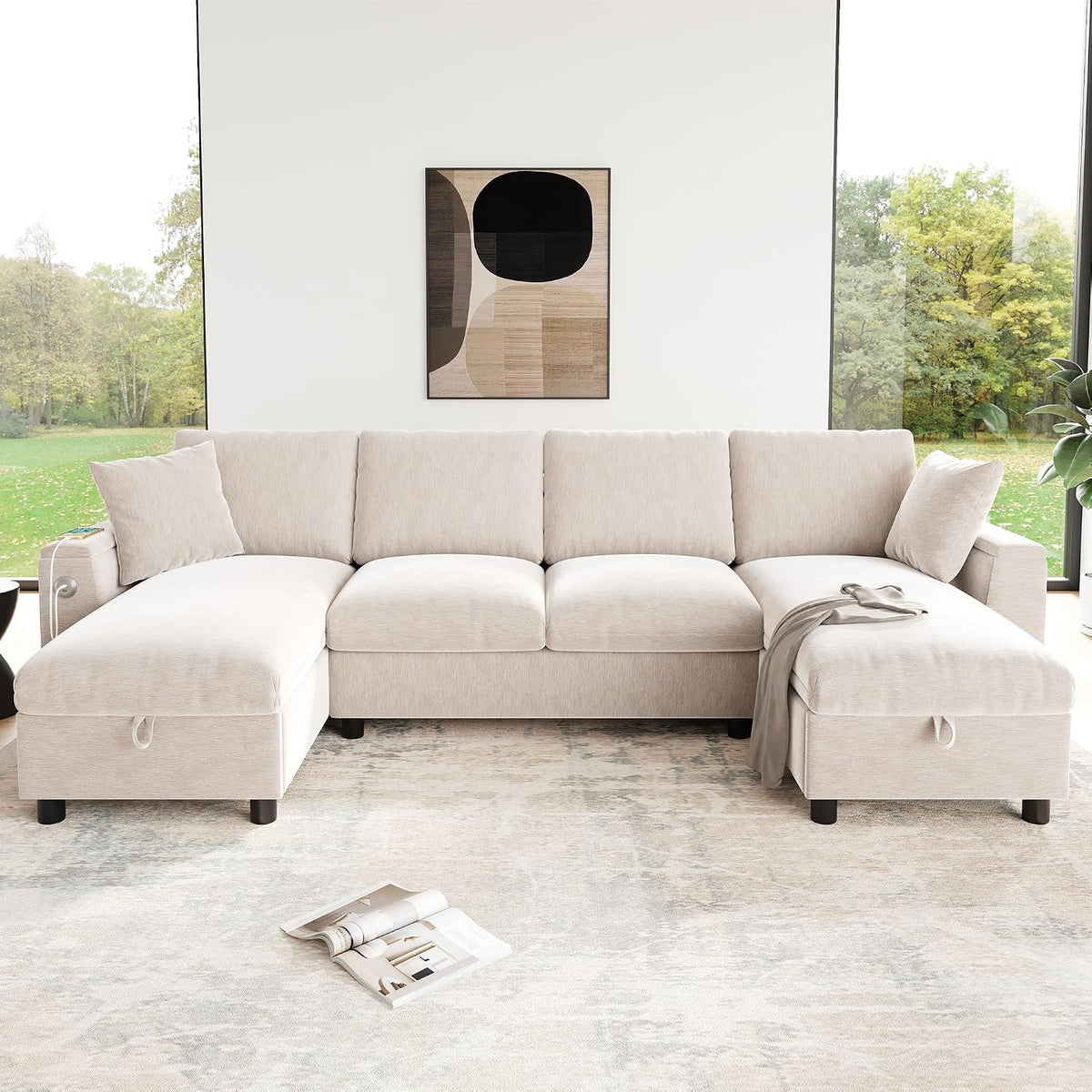 Sofá moderno de chenilla en forma de U con chaise longue, sofá esquinero de 4 plazas con espacio de almacenamiento, puerto USB y tipo C, modular, con soporte para bebidas y cojines suaves