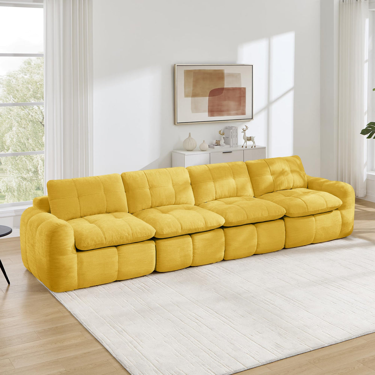 Sofá de 3 plazas con 1 taburete chenilla beige