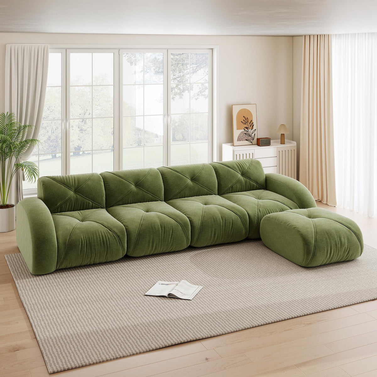 Sofá de esquina en forma de L de 4 plazas con reposapiés, sofá modular Cloud sin marcos de chenilla, sofá de estar suave, antideslizante, combinable de forma flexible, sin montaje, salón color