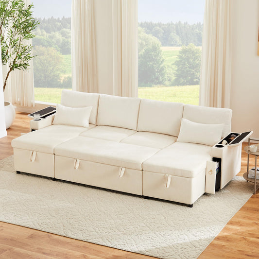 Kebnor Sofá cama de cuatro plazas en forma de U con soporte para bebidas, sofá de esquina con espacio de almacenamiento y función de descanso. Incluye soporte para bebidas y almohadas. Sofá