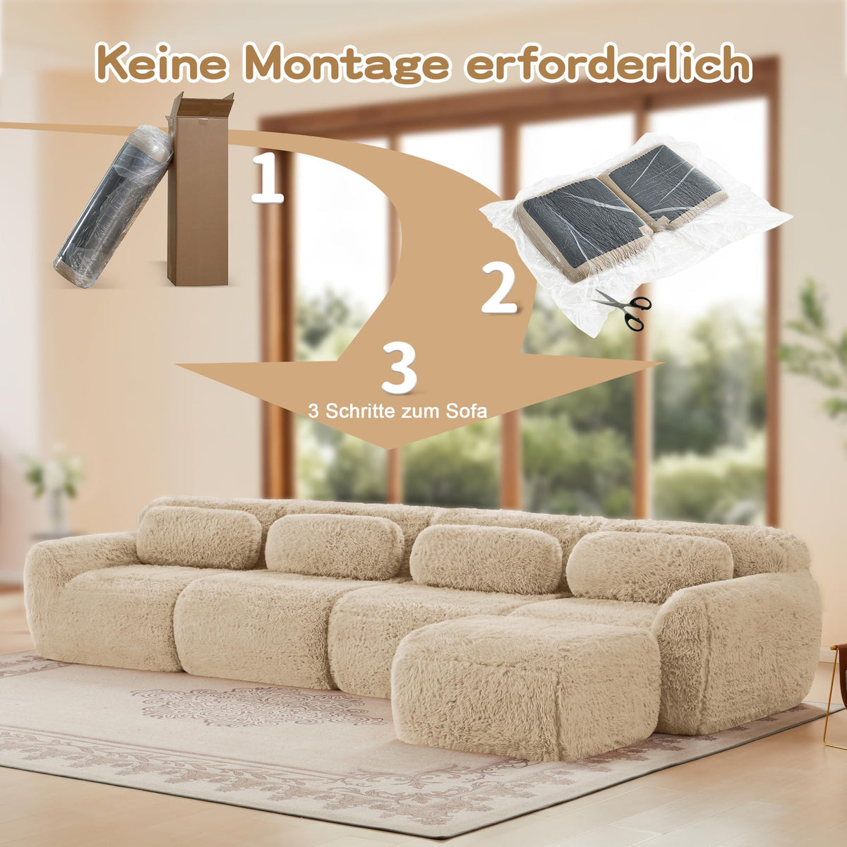 Sofá modular combinable en forma de L de 4 plazas, tejido de felpa con cojines, espuma de alta elasticidad, diseño chaise longue para salón o dormitorio (negro)