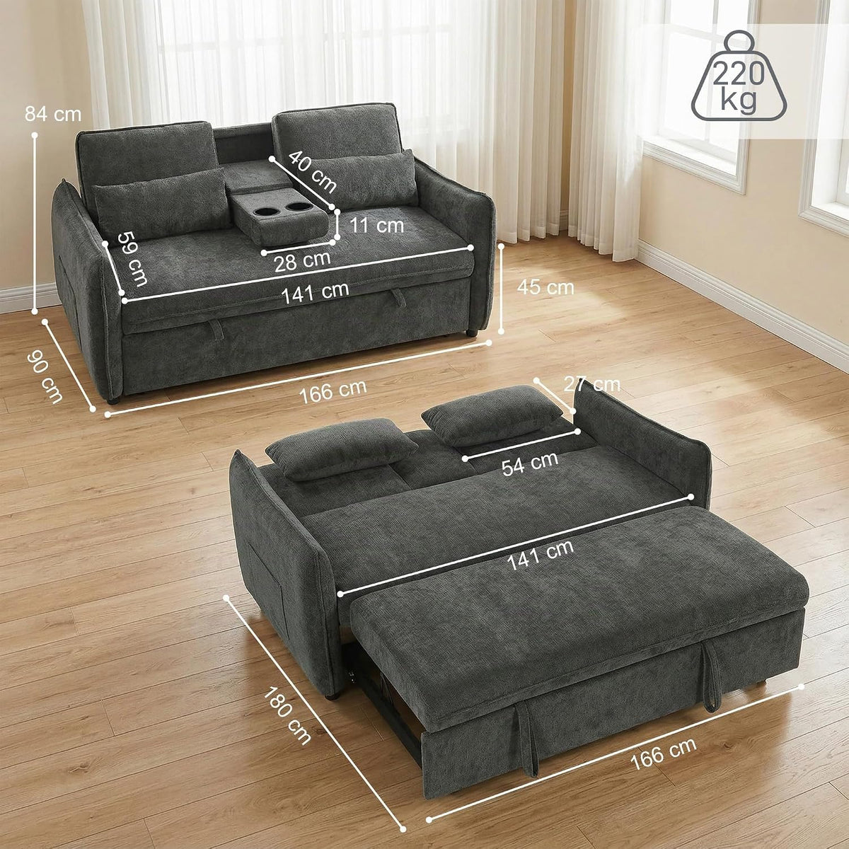 HOMCOM Sofá Cama 2 Plazas 3 en 1 Mesa Auxiliar 2 Almohadas Gris Oscuro