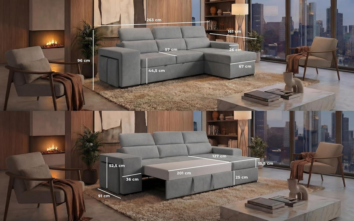 BUDWING John Sofá Cama Esquinero 4 Plazas - Chaise Longue Reversible, Reposacabezas Ajustable y 2 Pufs – Tapizado en Poliéster – Estilo Moderno – 263x161x96 cm – Gris Claro