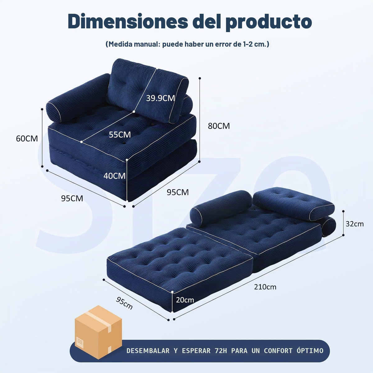 Sofá Convertible 4 en 1, Sofá Cama 1 Plaza, Pana, Negro