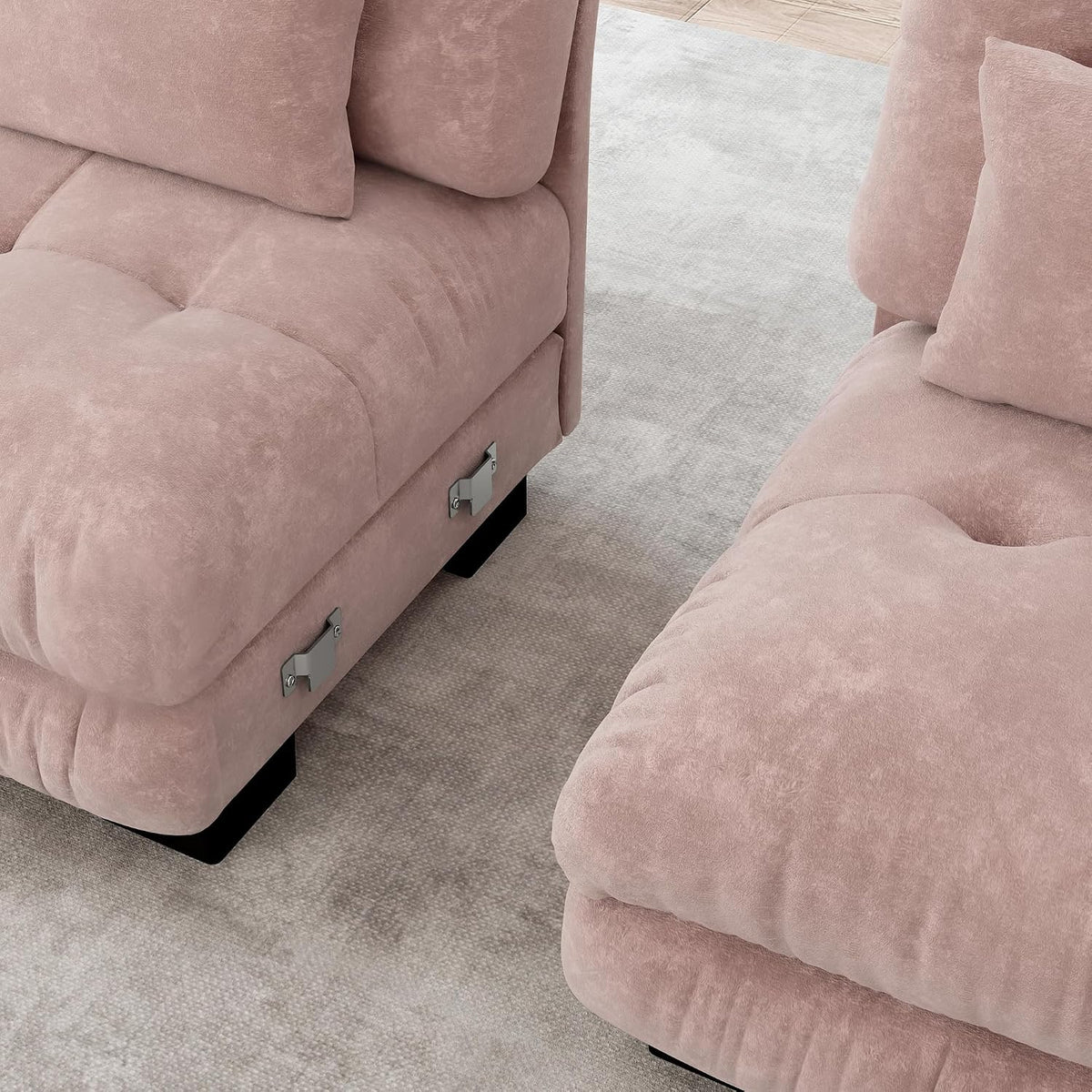 Sofá esquinero de chenilla nublado para salón, sofá doble con reposabrazos anchos, 2 cojines lumbares, 2 cojines decorativos y 2 otomanas, 220 x 140 x 81 cm (rosa)
