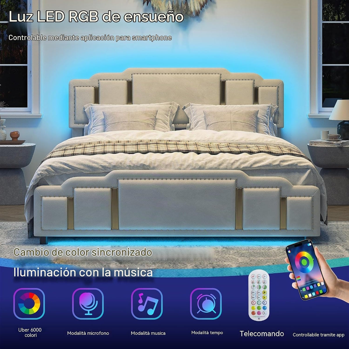 Cama tapizada de 160 x 200 cm con espacio de almacenamiento e iluminación LED, cama doble hidráulica con detalles dorados, cama de terciopelo de lujo con sincronización de música y