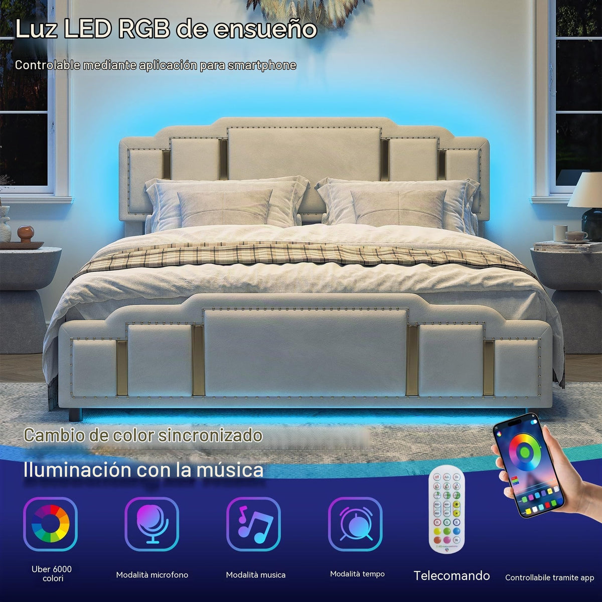 Cama tapizada de 160 x 200 cm con espacio de almacenamiento e iluminación LED, cama doble hidráulica con detalles dorados, cama de terciopelo de lujo con sincronización de música y