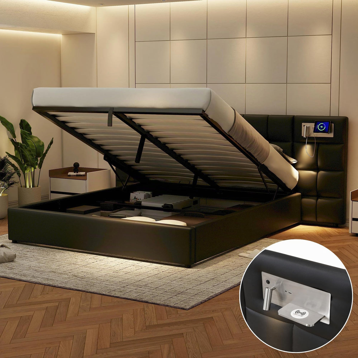 Cama 180x200 cm Camas Matrimoniales con LED y Lámpara de Noche, Cama Doble Tapizada con USB y Cabecero Ancho, Almacenaje Hidráulico, Soporte de Lamas de Madera, Terciopelo, Sin Colchón, Gris