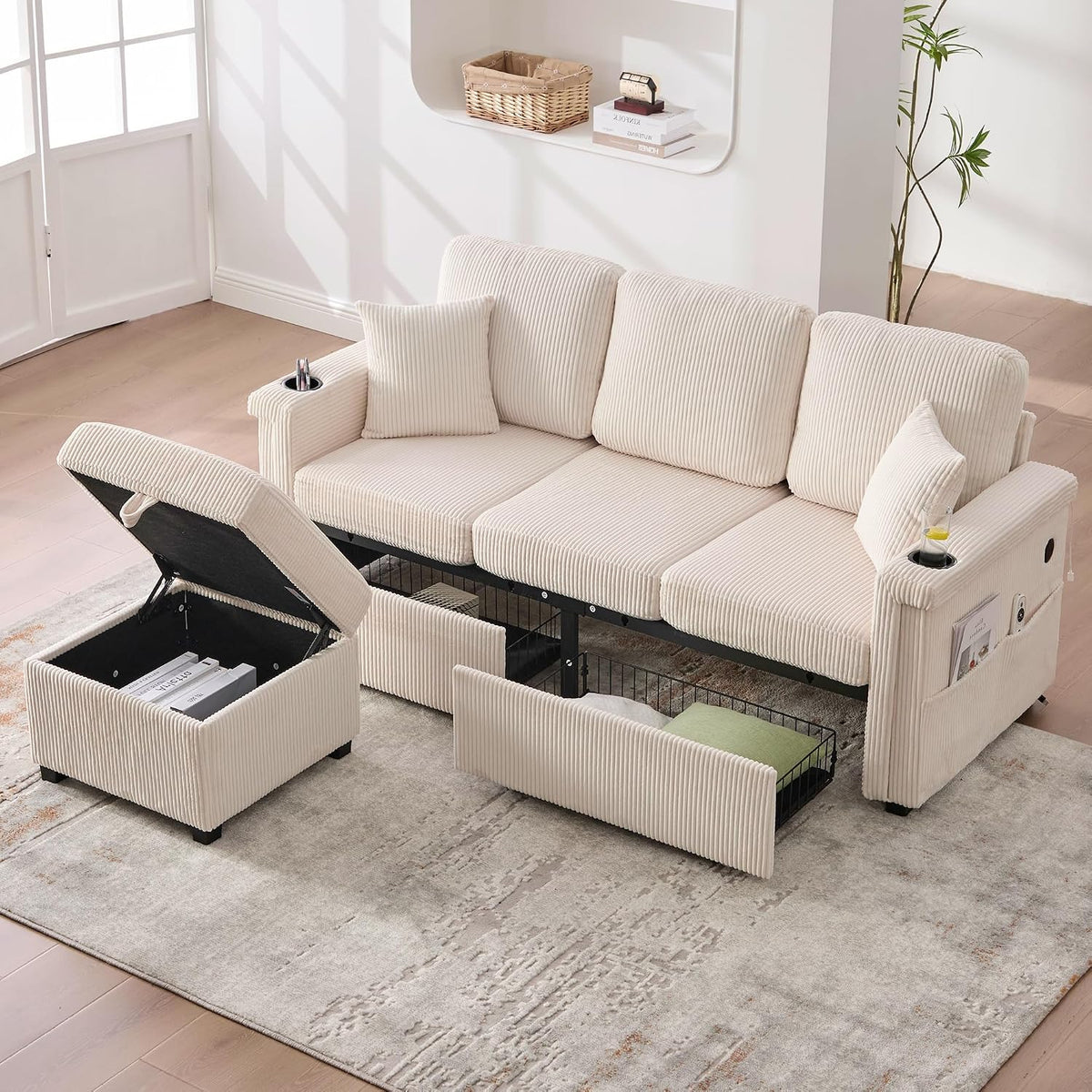 Dolamaní Sofá de terciopelo de 3 plazas con 2 cajones, soporte para bebidas, bolsillos laterales y reposapiés para sala de estar, dormitorio y oficina (beige)