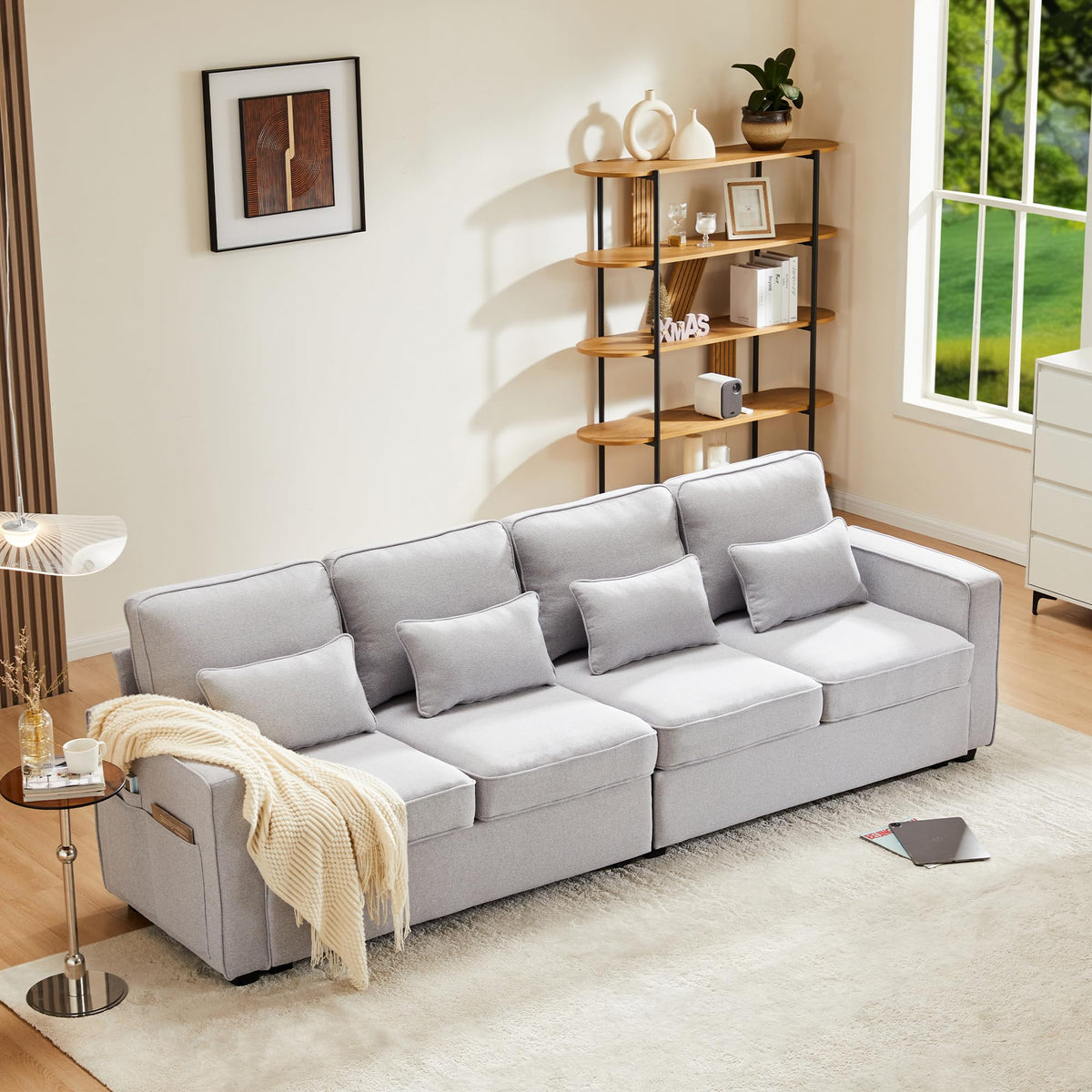 Sofá moderno de 4 plazas, en tejido de lino, soporte para bebidas, 2 puertos de carga USB con cable, bolsillos en reposabrazos y 4 cojines, sofá sencillo para sala de estar