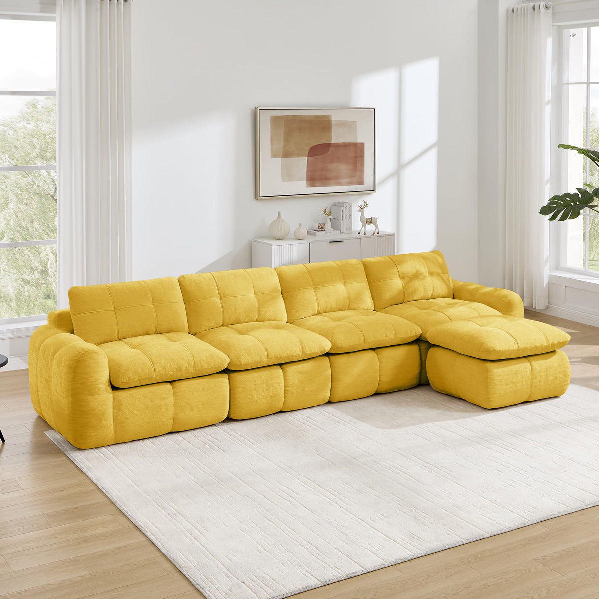 Sofá de 3 plazas con 1 taburete chenilla beige