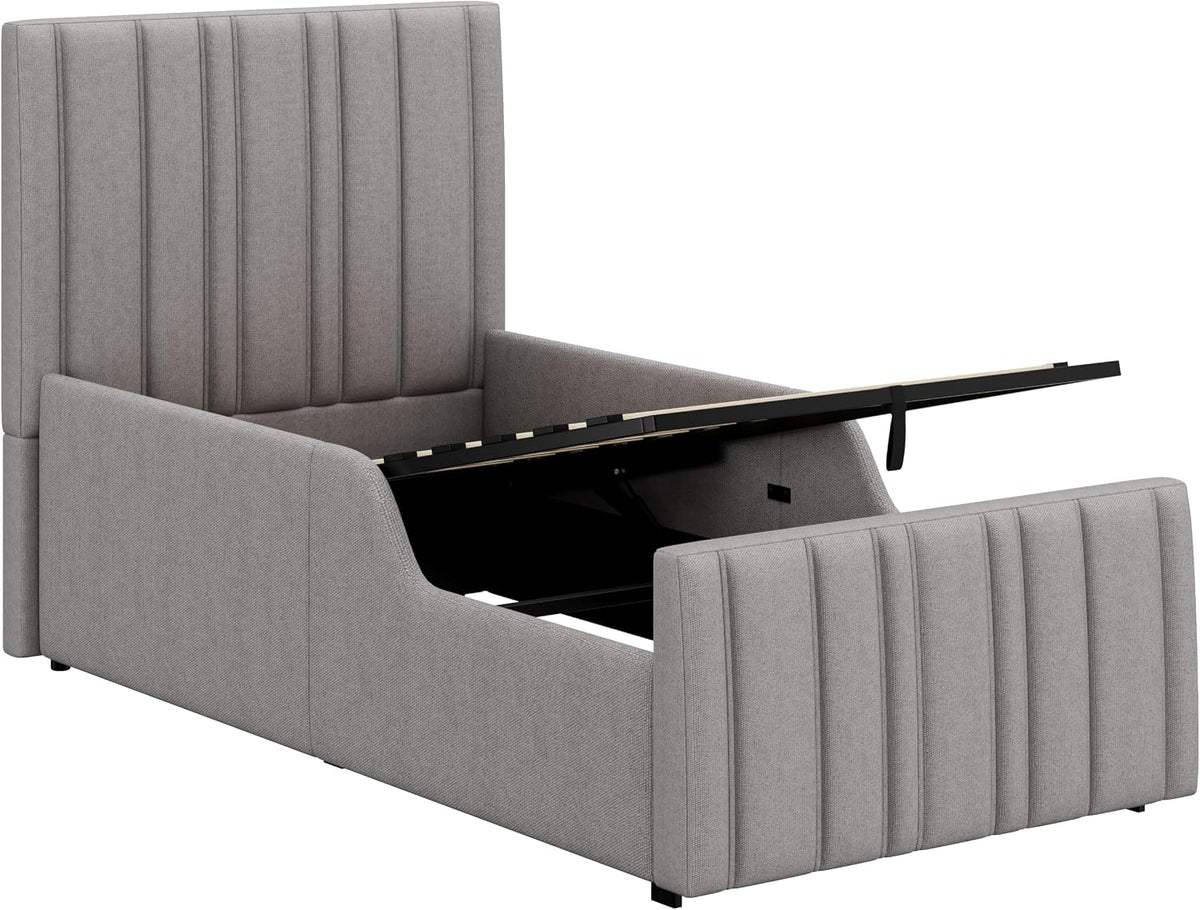 Kebnor Cama tapizada, cama individual, cuna 90 x 200 cm, cama funcional hidráulica, cama con somier, cabecero y gran espacio de almacenamiento, cabecero acolchado, lino (gris)