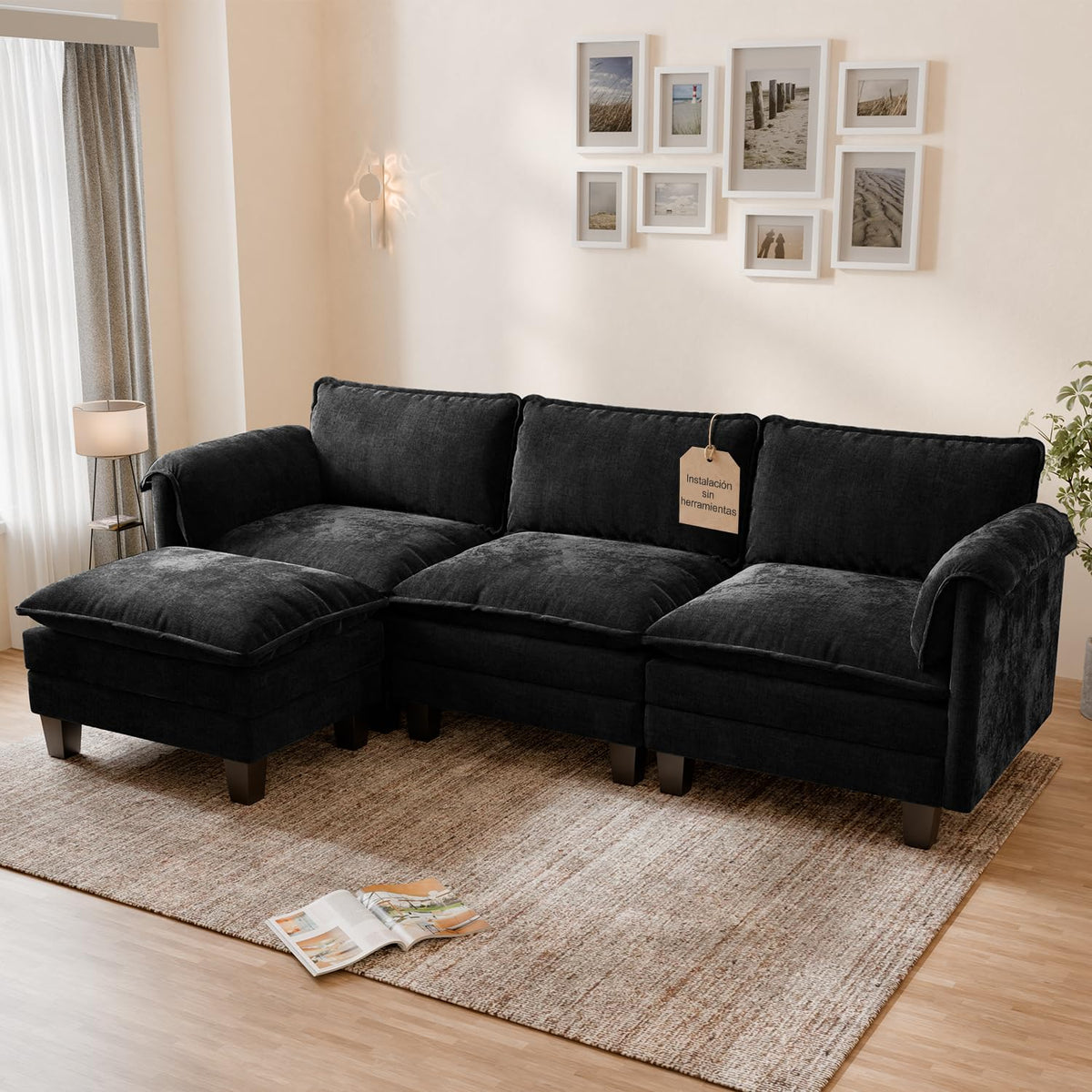 ELUCHANG Sofá Nube Modular 256cm, Sofá de 3 Plazas con Asiento Profundo 62cm, Montaje sin Herramientas, Sofá Moderno de Chenilla para Salón y Habitación, Gris Perla