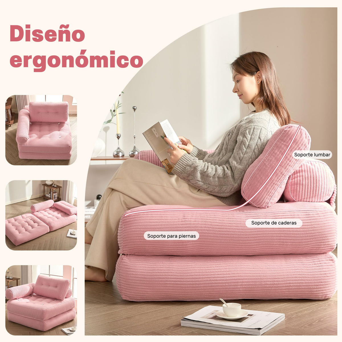 Sofá Convertible 4 en 1, Sofá Cama 1 Plaza, Pana, Negro
