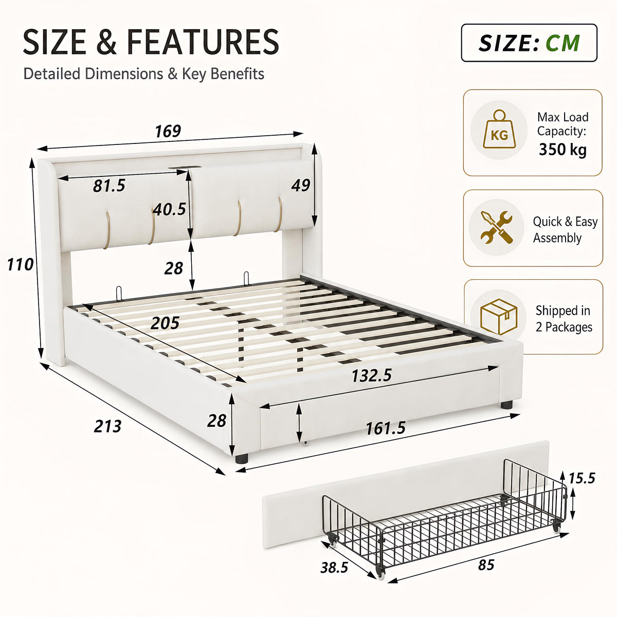 BRILVERDE Cama Tapizada 160x200 con Almacenamiento, Cama matrimonial con cajones, Cama Nido con LED, Cabecero Acolchado y Base de Láminas, Terciopelo (Beige, 160 x 200 cm)