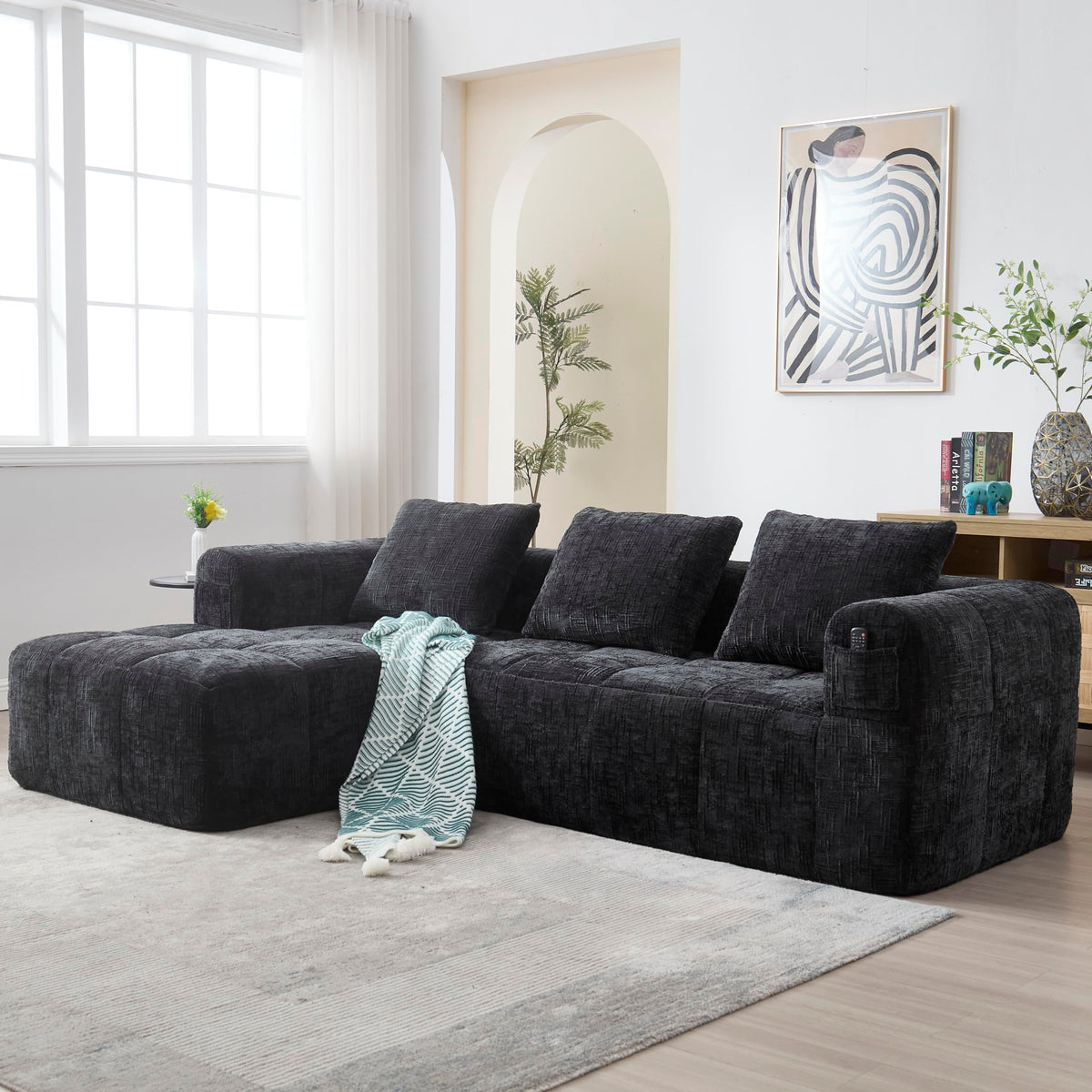 Soweiz Sofá L, seccional de 3 plazas, sofá con chaise longue y reposabrazos, 3 cojines, bolsillo lateral para mando a distancia, 250 x 158 x 60 cm
