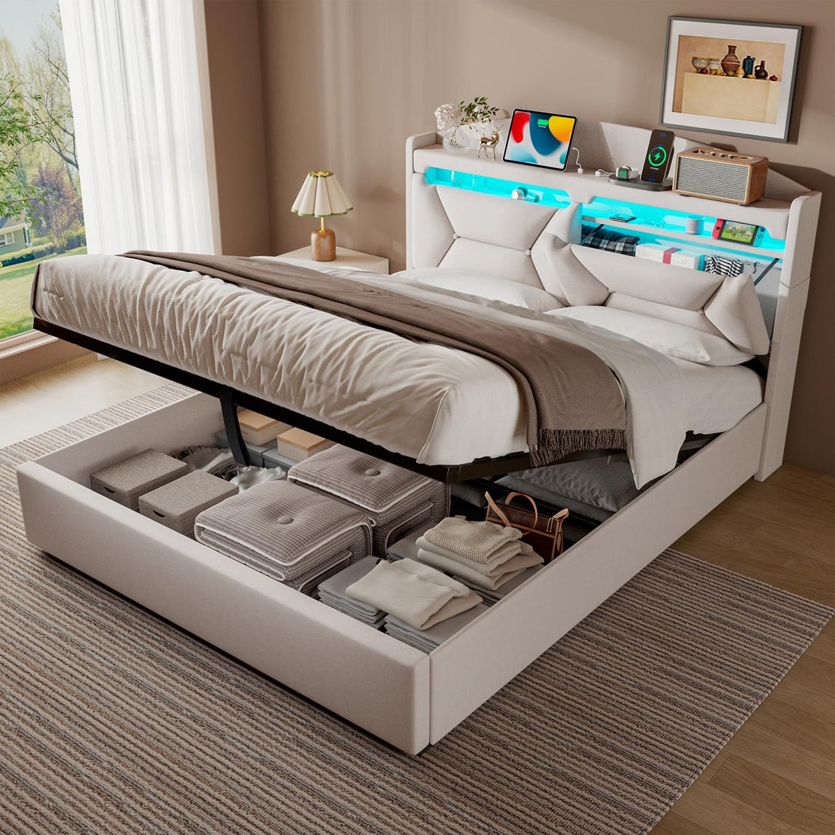 Cama 90x200 cm con Almacenamiento, Cama Individual con LED, Puertos USB y Type-C, Somier 90x200 Hidráulico, Camas Juveniles Camas Infantiles con Cabecero, Lino, Beige, Colchón No Incluido