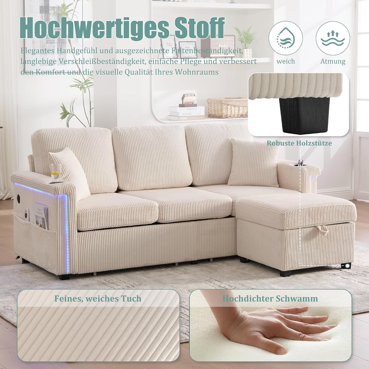 Dolamaní Sofá de terciopelo de 3 plazas con 2 cajones, soporte para bebidas, bolsillos laterales y reposapiés para sala de estar, dormitorio y oficina (beige)