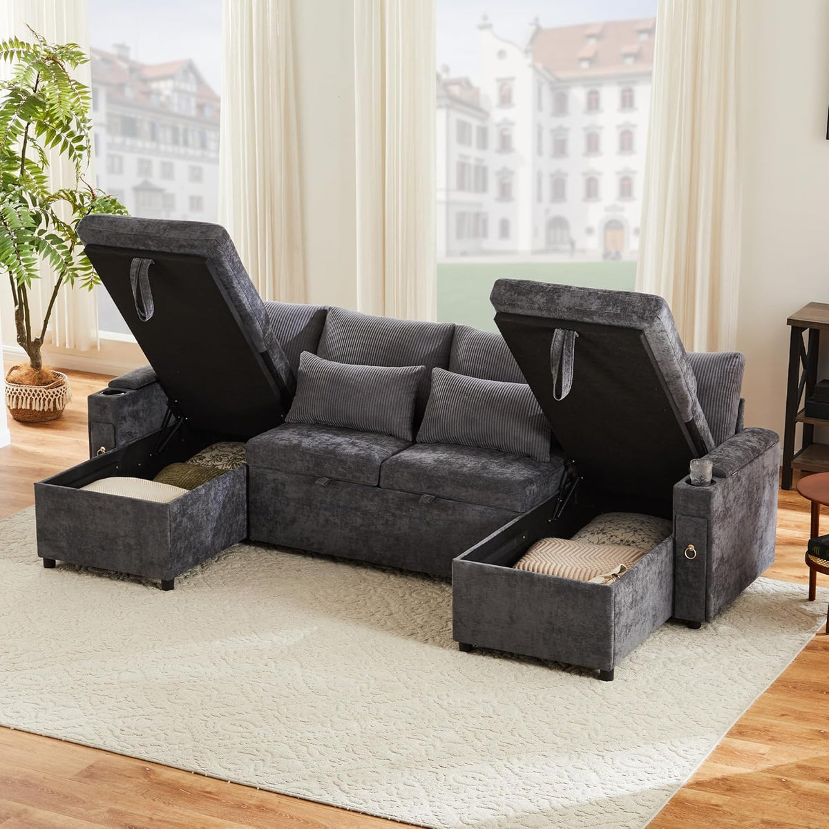 Kebnor Sofá cama de cuatro plazas en forma de U con soporte para bebidas, sofá de esquina con espacio de almacenamiento y función de descanso. Incluye soporte para bebidas y almohadas. Sofá