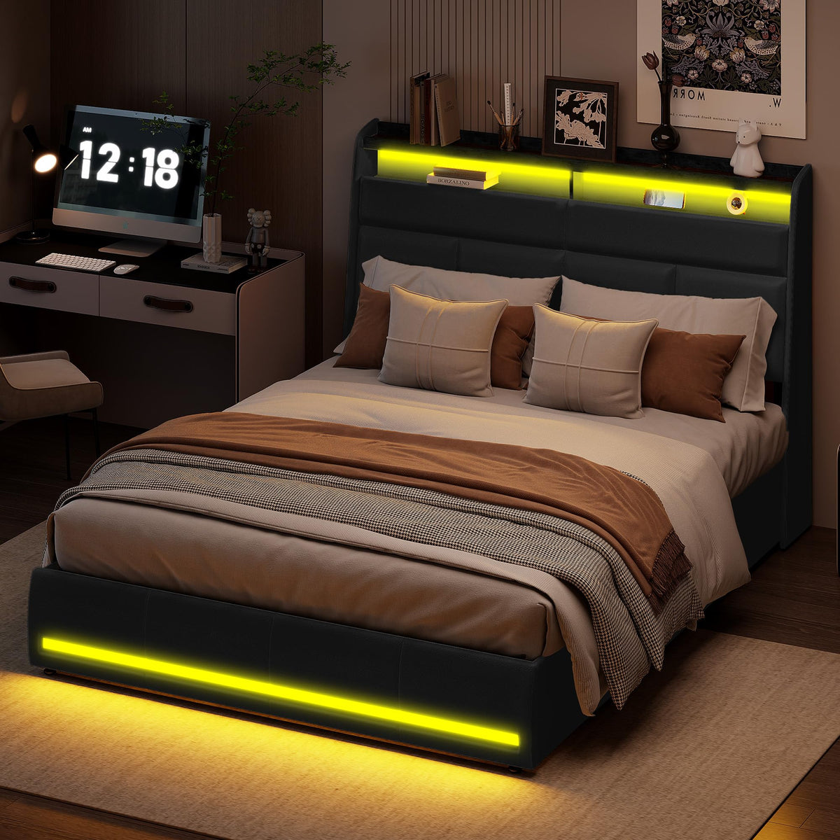 Cama tapizada de 160 x 200 cm, cama doble LED con espacio de almacenamiento, cabecero y función de carga USB C, cama de almacenamiento hidráulico, respaldo con somier de láminas de madera