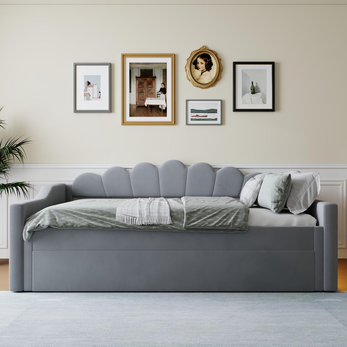 Cama acolchada de 140 x 200 cm con cinturón LED y cama nido (beige)