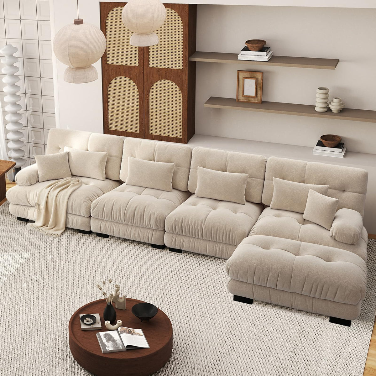 SoarFlash Sofá U Modular de 4 plazas para salón Moderno, sofá Nube de Tela Chenille con reposabrazos, Color Amarillo, 145×406 cm