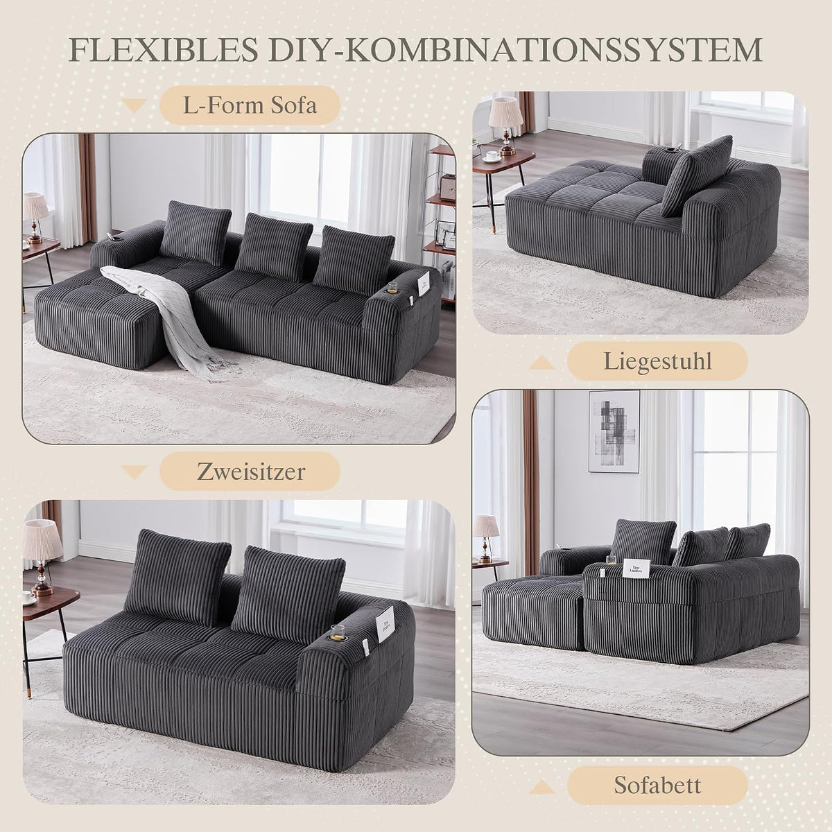 Dolamaní Sofá compacto de 3 plazas de pana con 3 cojines, sofá esquinero en forma de L con función de dormir, suave y modular, asiento extraprofundo, sin montaje, para salón (gris oscuro)