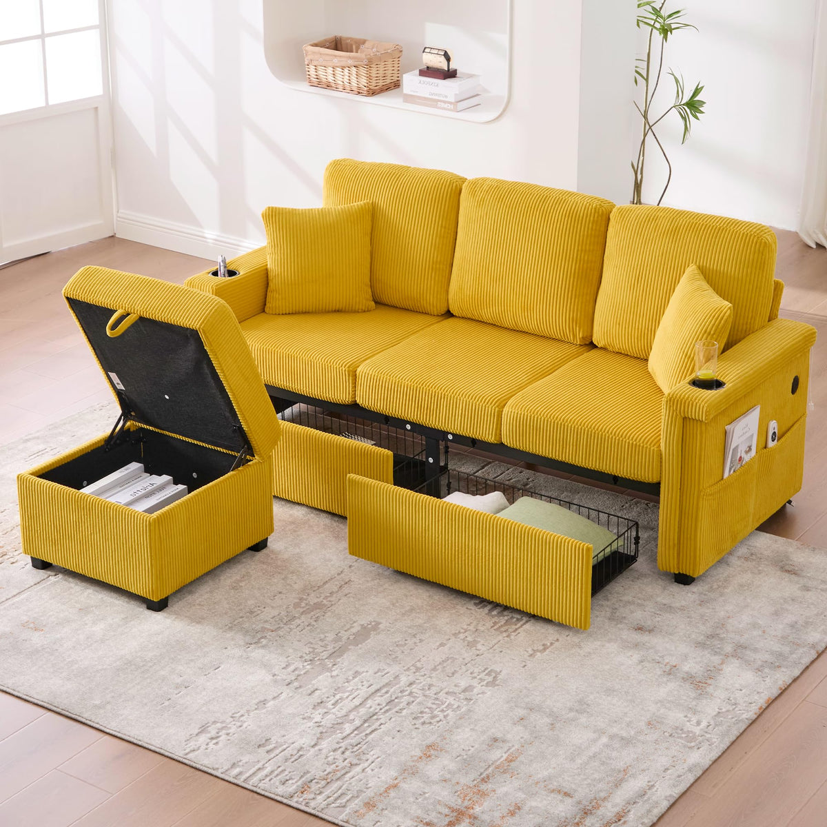 Lubvtti Sofá cama de 3 plazas moderno con función de cama, con espacio de almacenamiento, cargador USB, reposabrazos portaobjetos y 2 cojines, sofá de esquina en L, sofá de 3 plazas, chenilla (C-gris)