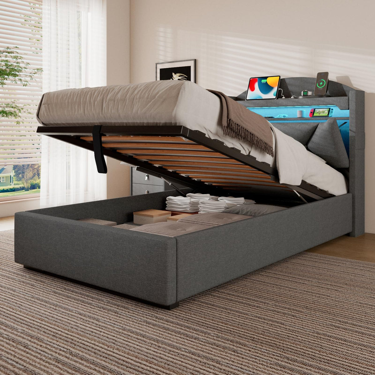 Cama 90x200 cm con Almacenamiento, Cama Individual con LED, Puertos USB y Type-C, Somier 90x200 Hidráulico, Camas Juveniles Camas Infantiles con Cabecero, Lino, Beige, Colchón No Incluido