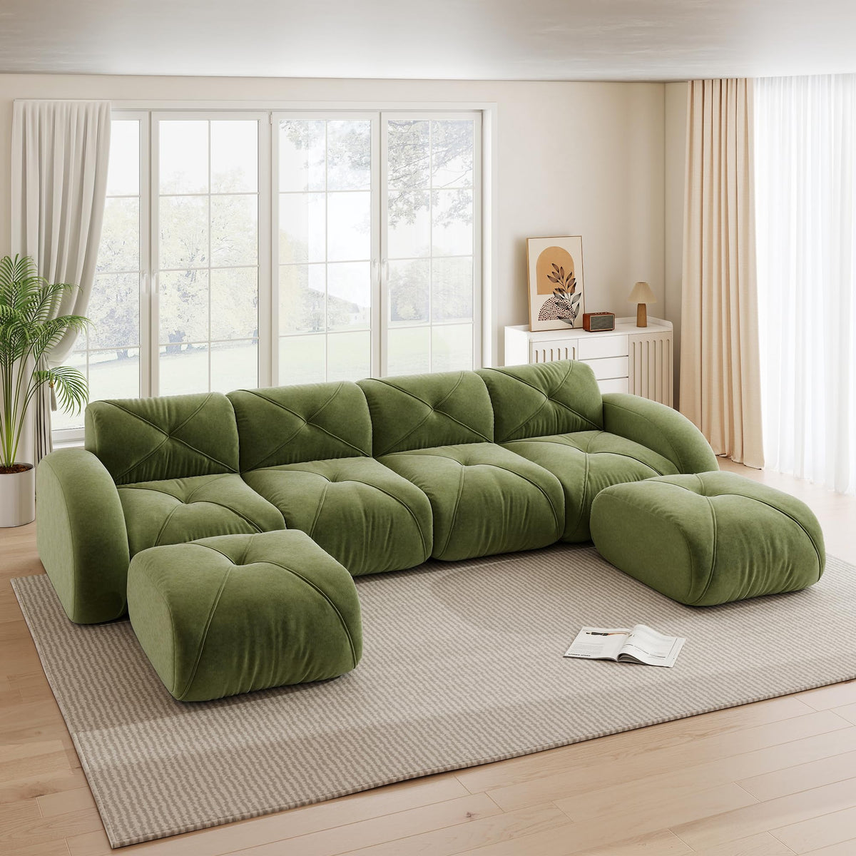 Sofá de esquina en forma de L de 4 plazas con reposapiés, sofá modular Cloud sin marcos de chenilla, sofá de estar suave, antideslizante, combinable de forma flexible, sin montaje, salón color