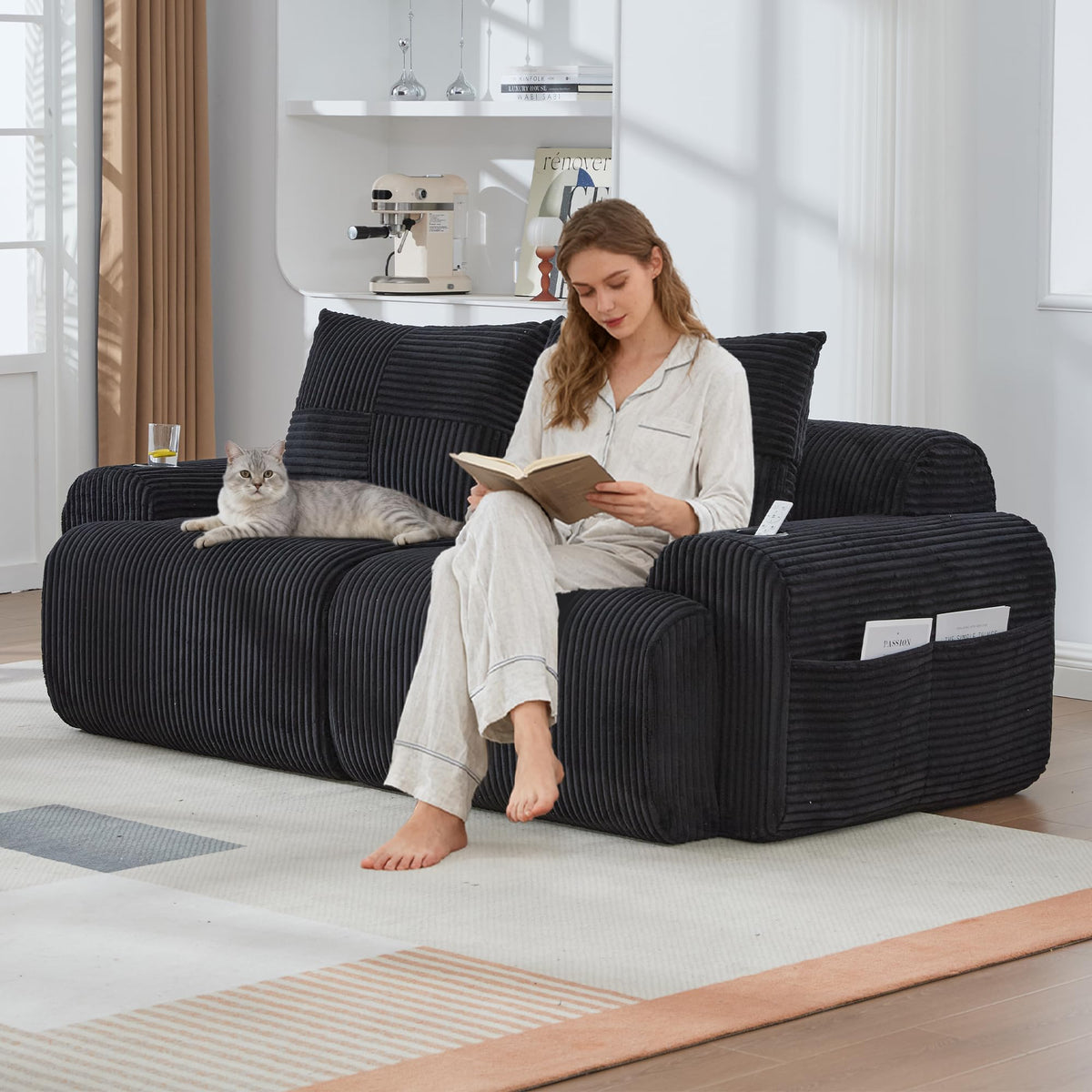 Sofá modular de 200 cm, sofá de 2 plazas con portabebidas y bolsillo de almacenamiento lateral, sofá comprimido de pana, sofá seccional para sala de estar y dormitorio