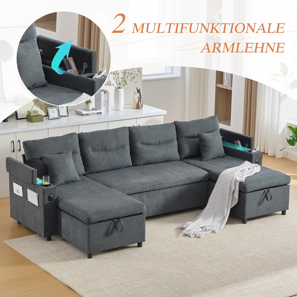 Dolamaní Sofá moderno de 4 plazas de tela de lino con espacio de almacenamiento y función de dormir, sofá cama con cajonera extensible en forma de L para casa y salón (beige B)