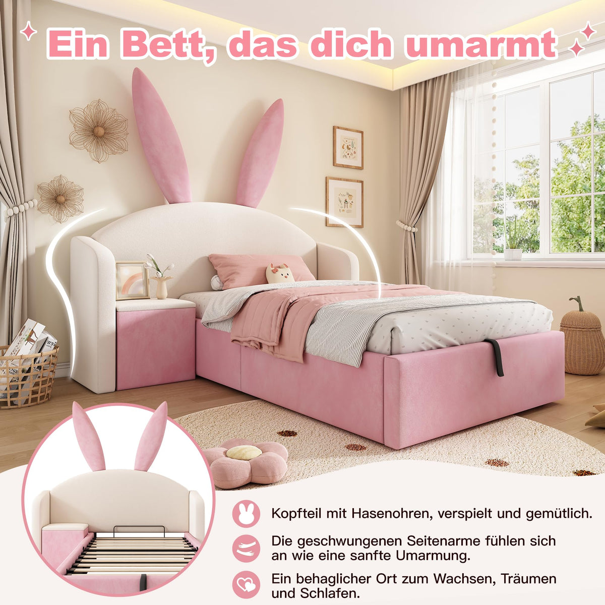 Kebnor Cama tapizada de terciopelo, orejas de conejo, cabecero con espacio de almacenamiento y mesita de noche, cama juvenil de diseño (sin colchón) (beis, 90 x 190 cm)