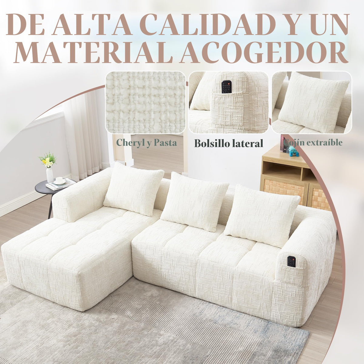 Soweiz Sofá L, seccional de 3 plazas, sofá con chaise longue y reposabrazos, 3 cojines, bolsillo lateral para mando a distancia, 250 x 158 x 60 cm