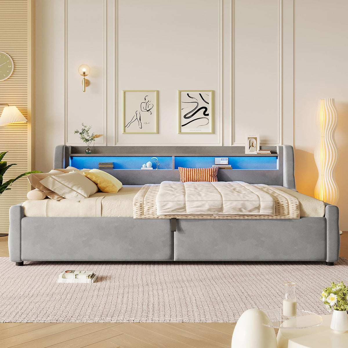 Cama con plataforma de terciopelo 90 x 200 cm, con espacio de almacenamiento hidráulico e iluminación LED (color crema, 90 x 200 cm)