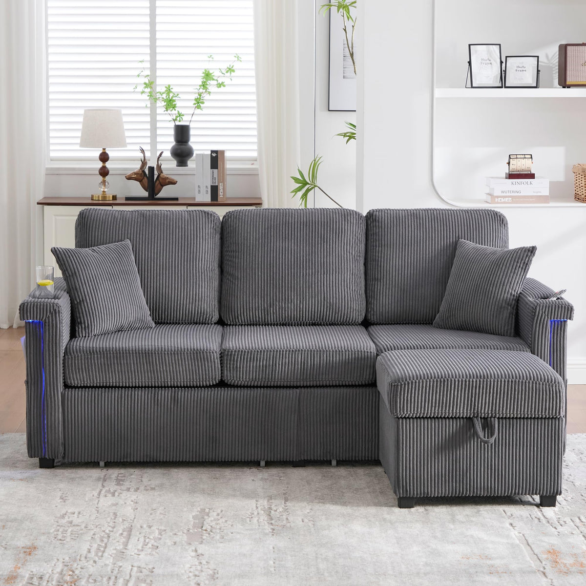 Lubvtti Sofá cama de 3 plazas moderno con función de cama, con espacio de almacenamiento, cargador USB, reposabrazos portaobjetos y 2 cojines, sofá de esquina en L, sofá de 3 plazas, chenilla (C-gris)