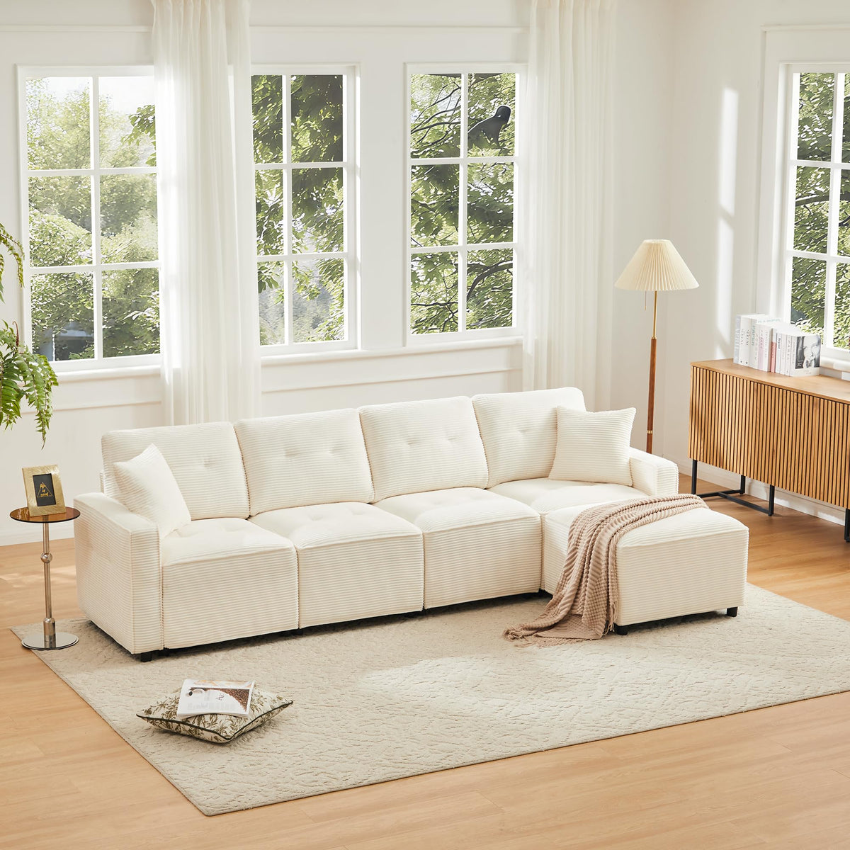 Sofá moderno de chenilla en forma de U con chaise longue, sofá esquinero de 4 plazas con espacio de almacenamiento, puerto USB y tipo C, modular, con soporte para bebidas y cojines suaves