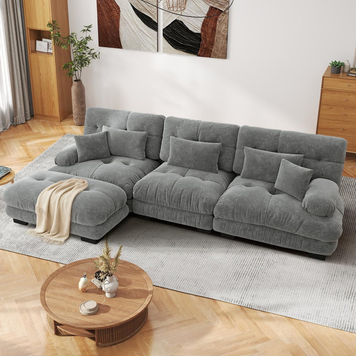 SoarFlash Sofá U Modular de 4 plazas para salón Moderno, sofá Nube de Tela Chenille con reposabrazos, Color Amarillo, 145×406 cm
