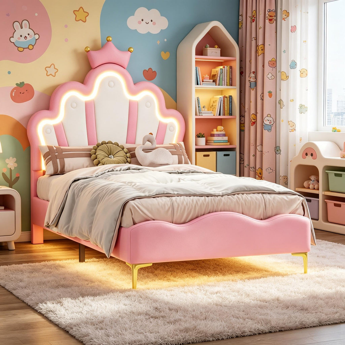Cama Infantil tapizada 140 x 200 cm con LED, Cama tapizada para niños 140 x 200 con cabecera Ajustable Marco de Camas, Camas de Princesa para Niña en Forma de Corona con Somier(Rosa, 140 x 200)