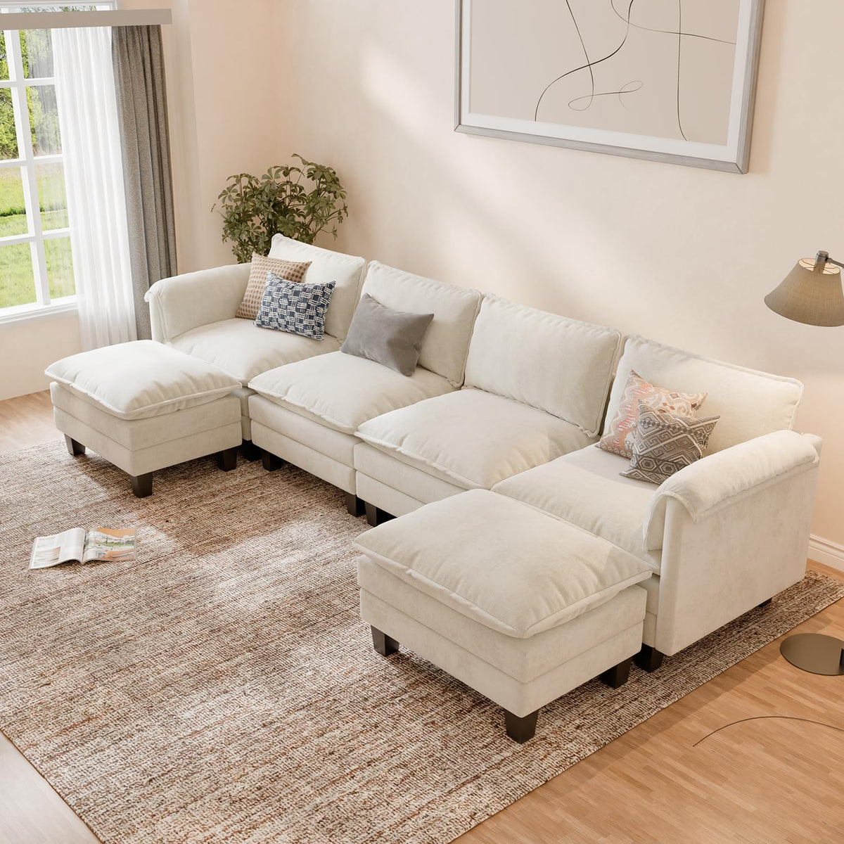 ELUCHANG Sofá Nube Modular 256cm, Sofá de 3 Plazas con Asiento Profundo 62cm, Montaje sin Herramientas, Sofá Moderno de Chenilla para Salón y Habitación, Gris Perla