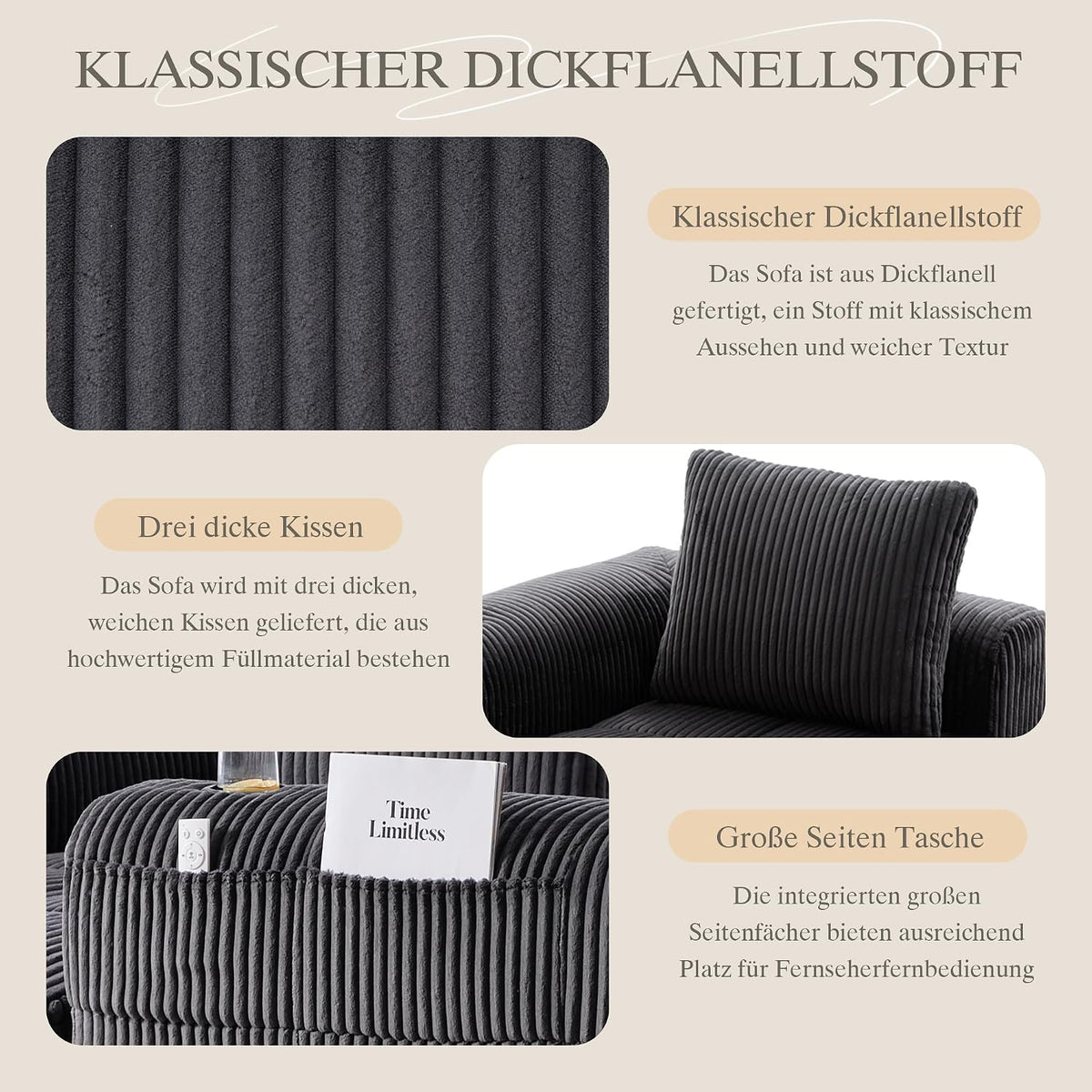 Dolamaní Sofá compacto de 3 plazas de pana con 3 cojines, sofá esquinero en forma de L con función de dormir, suave y modular, asiento extraprofundo, sin montaje, para salón (gris oscuro)