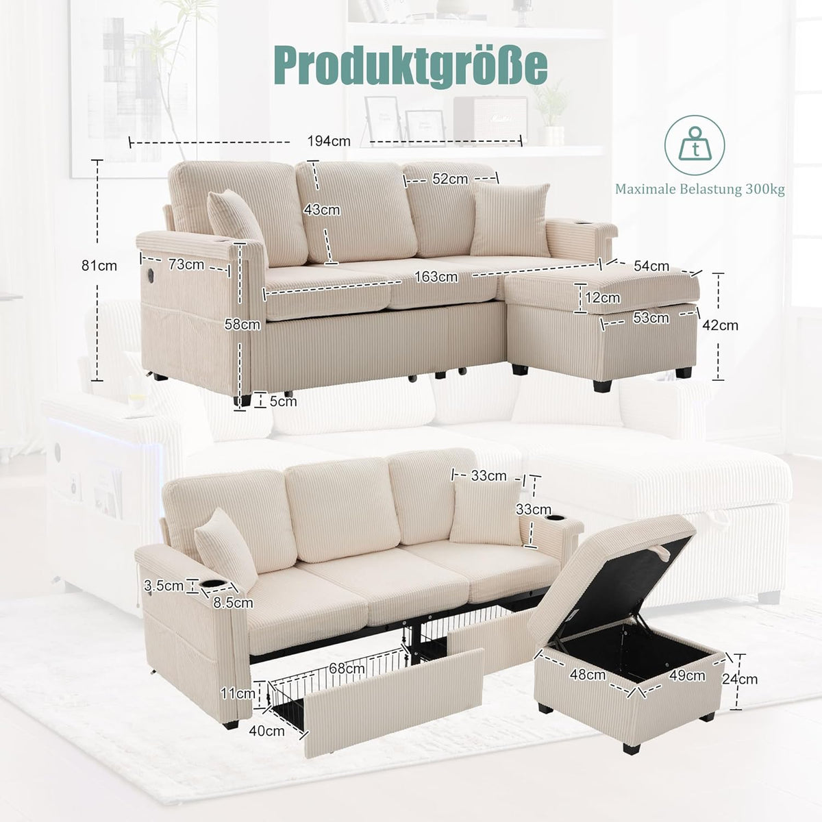 Dolamaní Sofá de terciopelo de 3 plazas con 2 cajones, soporte para bebidas, bolsillos laterales y reposapiés para sala de estar, dormitorio y oficina (beige)
