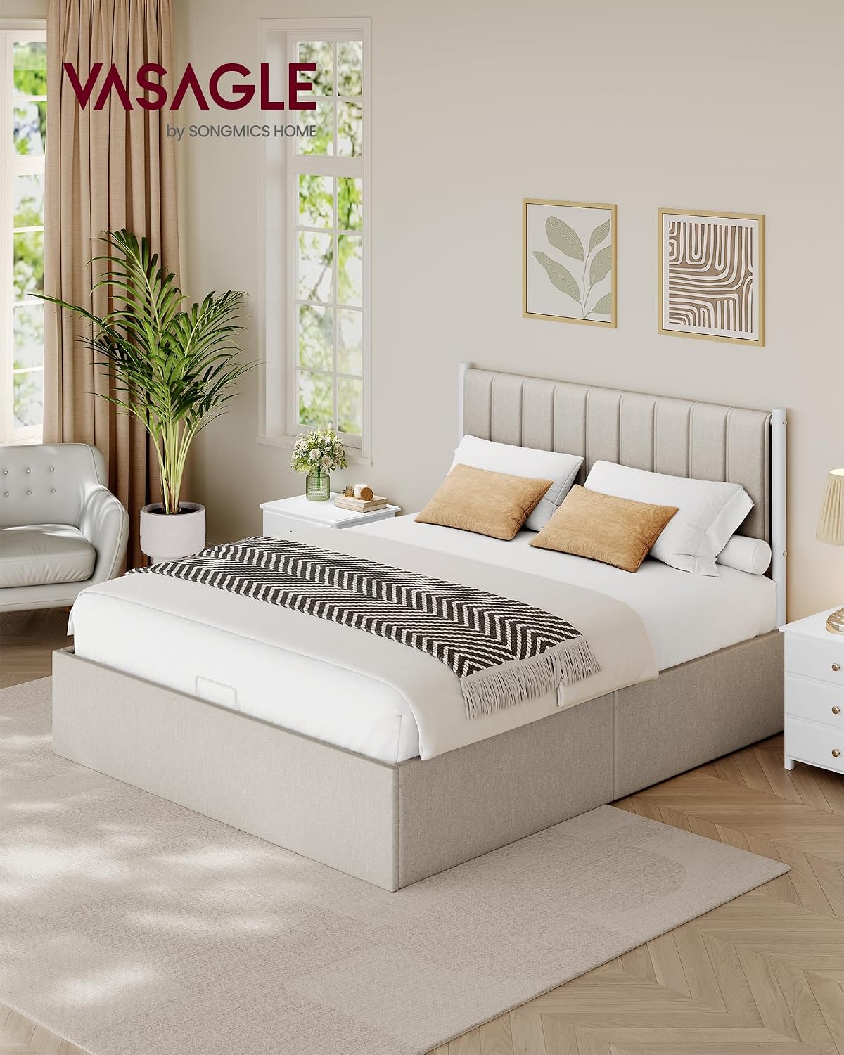 VASAGLE Estructura de Cama, 160 x 200 cm, Cama Elevable, 2 Personas, con Almacenaje, Cabecero, Sistema Hidráulico, Moderno y Minimalista, Fácil Montaje, Beige Capuchino RMB615LH01