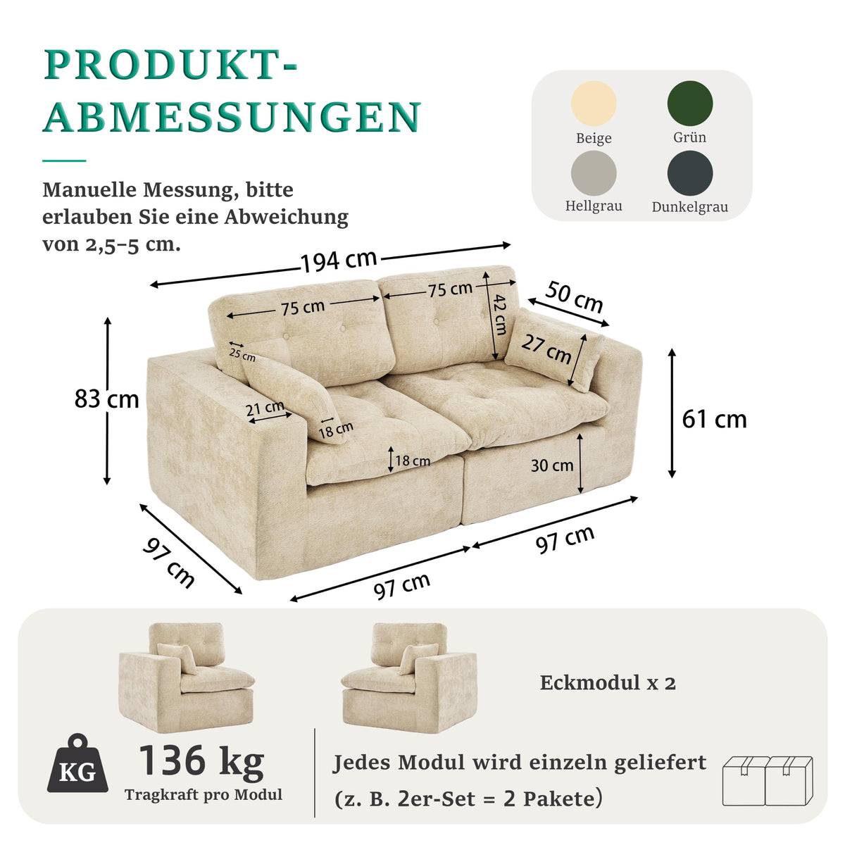 Sofá modular de 3 plazas con función de dormir, asiento extra profundo, felpilla para el hogar, sofá sin marco, sofá cama flexible para salón, verde
