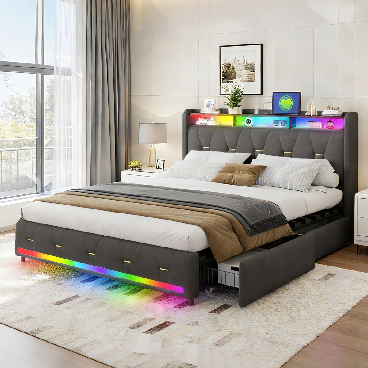Estructura de Cama de Cuero 160x200cm con Carga USB Type-C, Blanco