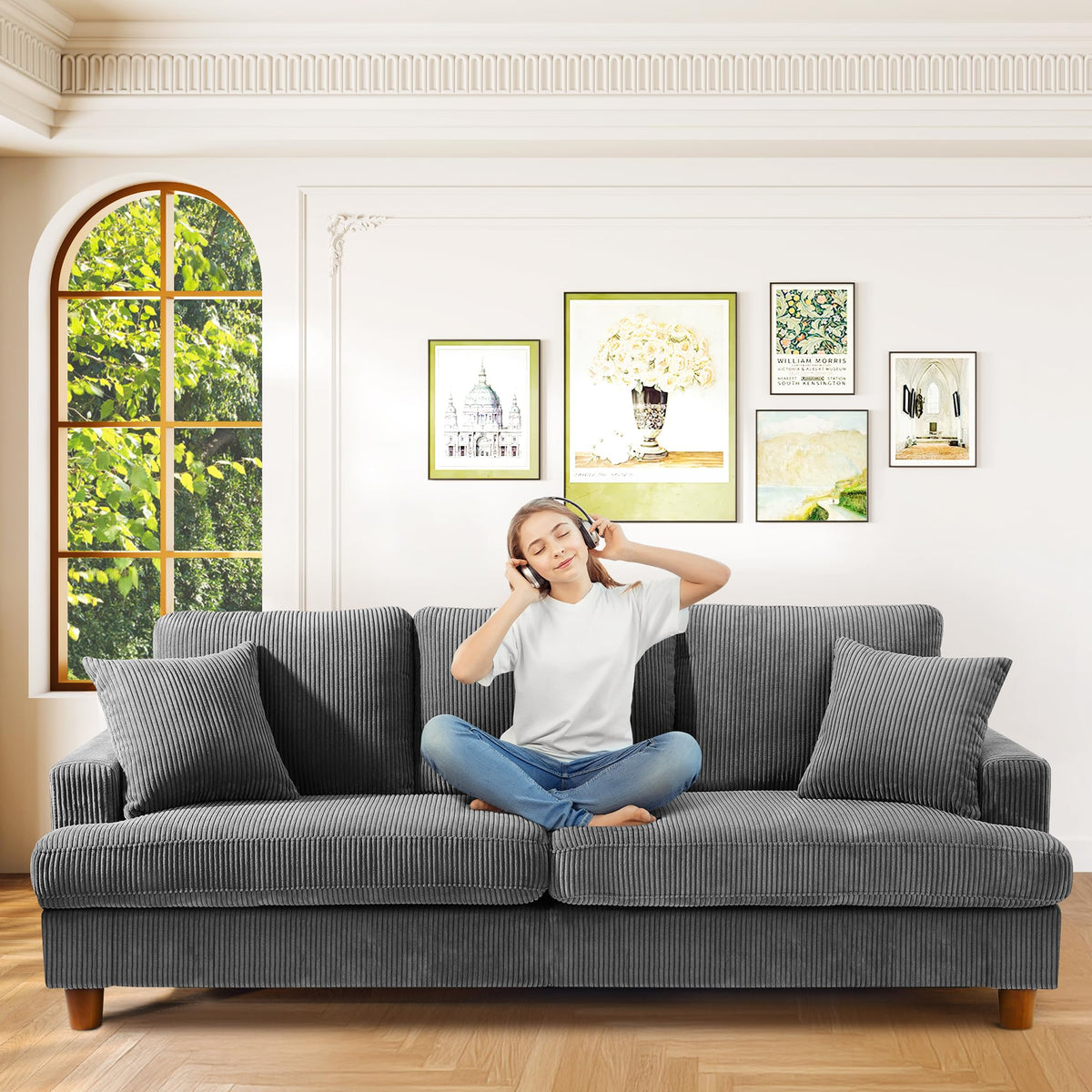Kidirect Sofá de Pana de 3 plazas, 221 cm cómodo sofá de 53 cm Asientos Extra Profundos, sofá de salón Montaje sin Herramientas sofá Grande con 2 Cojines, sofá Moderno para Oficina,Verde Bosque