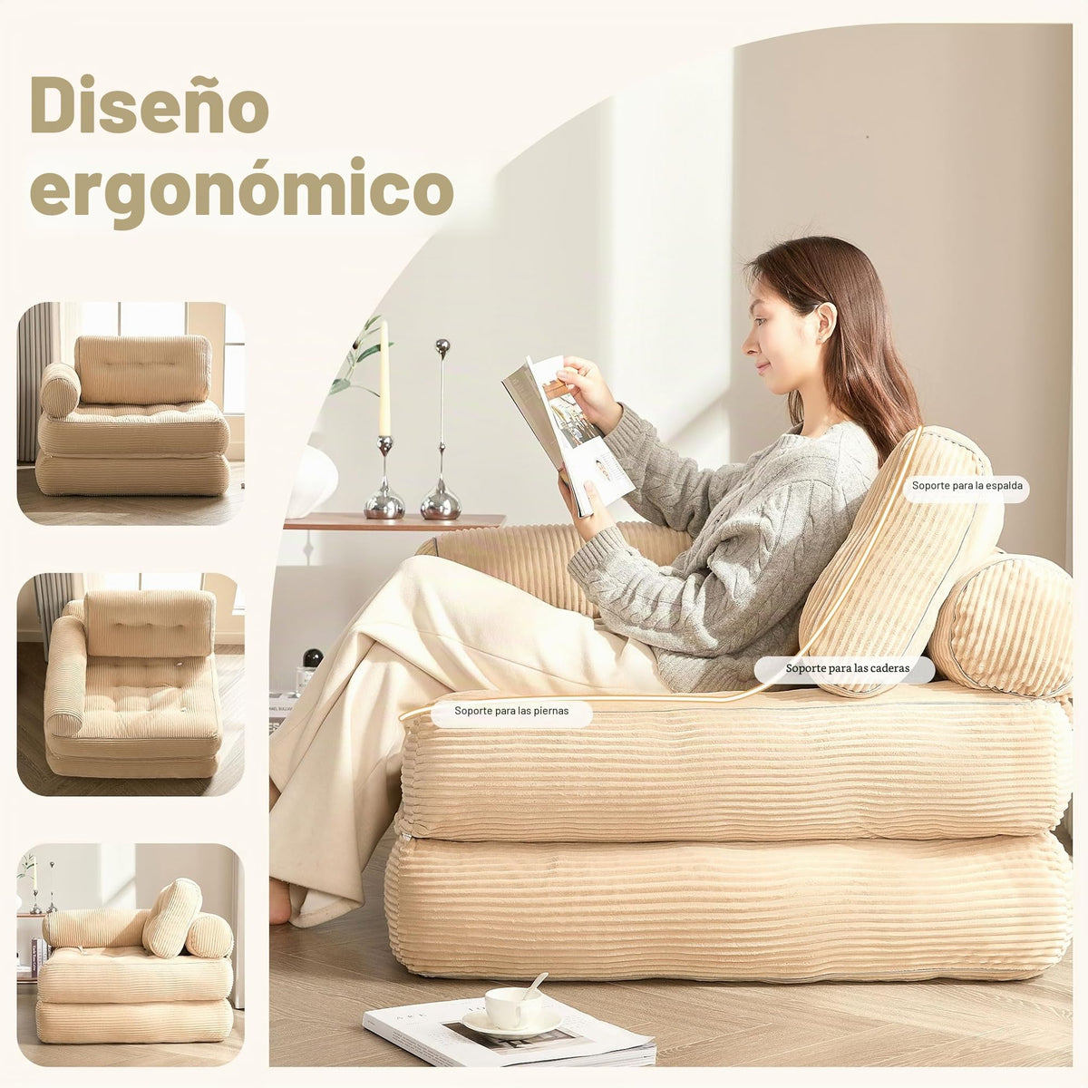 Sofá Convertible 4 en 1, Sofá Cama 1 Plaza, Pana, Negro