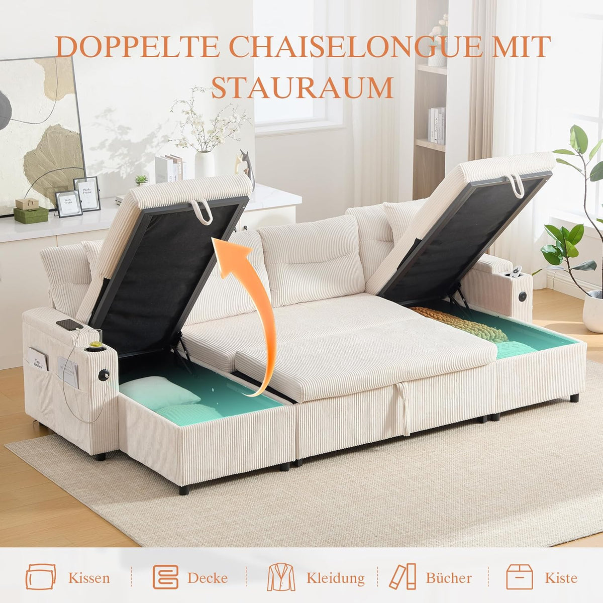Dolamaní Sofá moderno de 4 plazas de tela de lino con espacio de almacenamiento y función de dormir, sofá cama con cajonera extensible en forma de L para casa y salón (beige B)