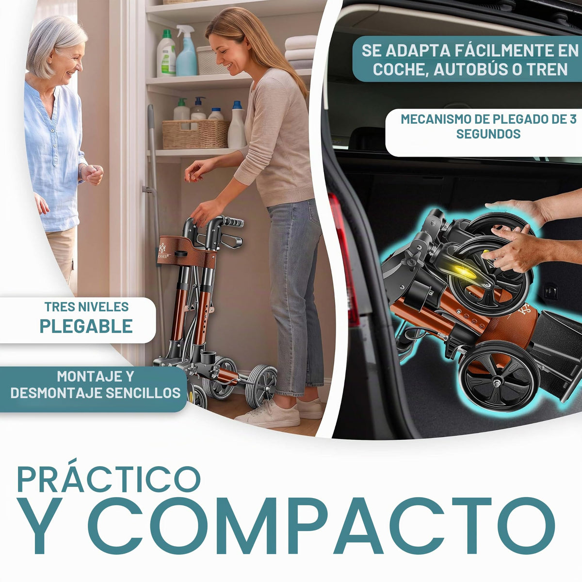 KESSER® Andador plegable con asiento y respaldo, 4 Ruedas/Frenos/Saco de Compra y Porta Bastón, Altura Ajustable 82-94cm, Andador, Carro, Rollator para Ancianos Gris